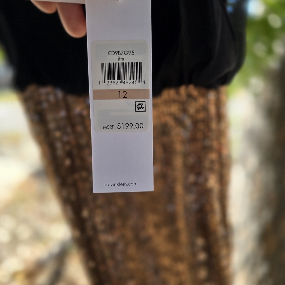 CALVIN KLEIN BRONZE SEQUIN BLACK CHIFFON LONG DRESS - Picture 3 of 3
